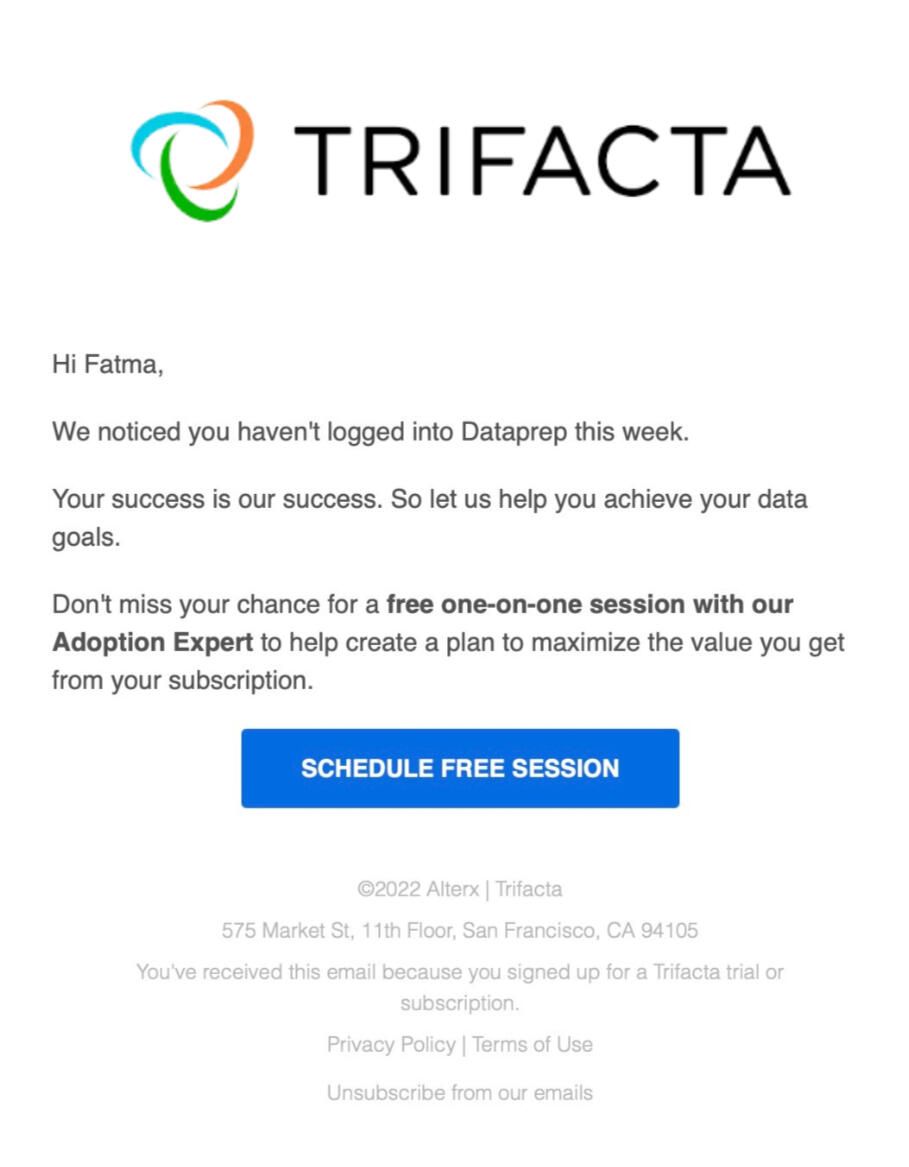 This image shows an email sent to dormant users who had not entered product in the previous 3 months. It is a text email with a CTA button encouraging users to schedule a free session with an Adoption Expert.